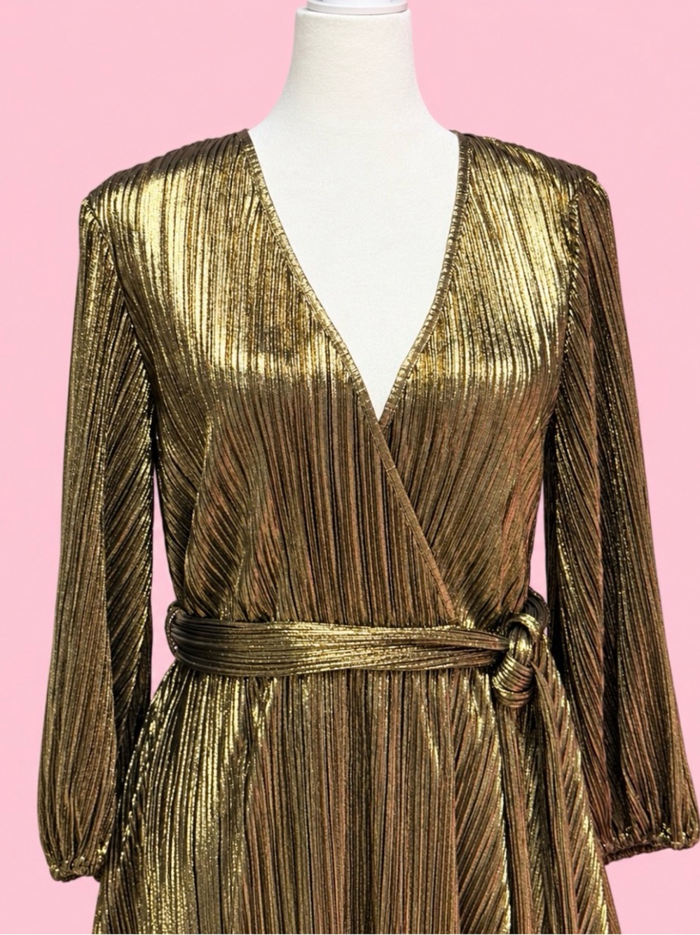 β¨ Bardot Metallic Gold Pleated Wrap Dress β¨ - Picture 4 of 6